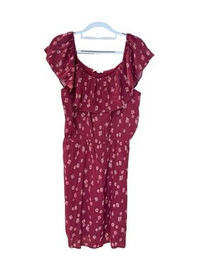 NWT LOFT Off The Shoulder Guaze Lined Print Dress Cranberry Size Med